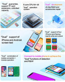 JCID V1S Pro programador universal para reparación de iPhone, con módulos para NAND, True Tone, batería, Face ID y cámara.