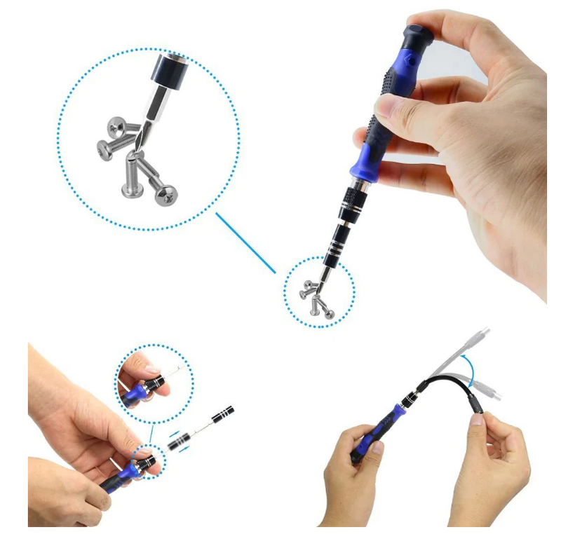 Kit completo de herramientas y desarmadores para celulares y computadoras.