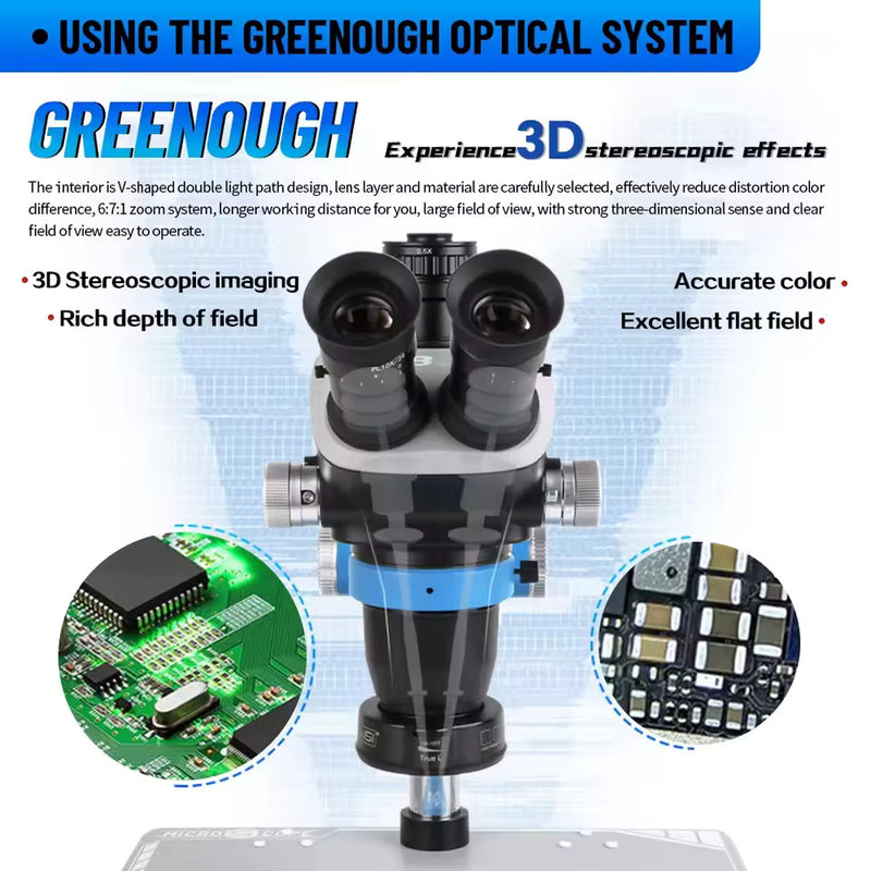 Encuentra el microscopio estéreo trinocular Kaisi S8 6.5x-52x con placa base en Guatemala, ideal para amplificaciones detalladas y trabajo en laboratorios.