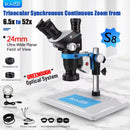 Encuentra el microscopio estéreo trinocular Kaisi S8 6.5x-52x con placa base en Guatemala, ideal para amplificaciones detalladas y trabajo en laboratorios.