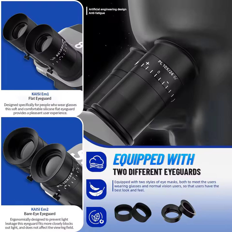 Encuentra el microscopio estéreo trinocular Kaisi S8 6.5x-52x con placa base en Guatemala, ideal para amplificaciones detalladas y trabajo en laboratorios.