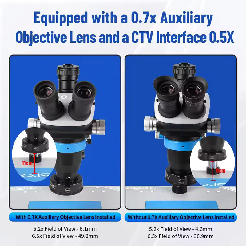 Encuentra el microscopio estéreo trinocular Kaisi S8 6.5x-52x con placa base en Guatemala, ideal para amplificaciones detalladas y trabajo en laboratorios.