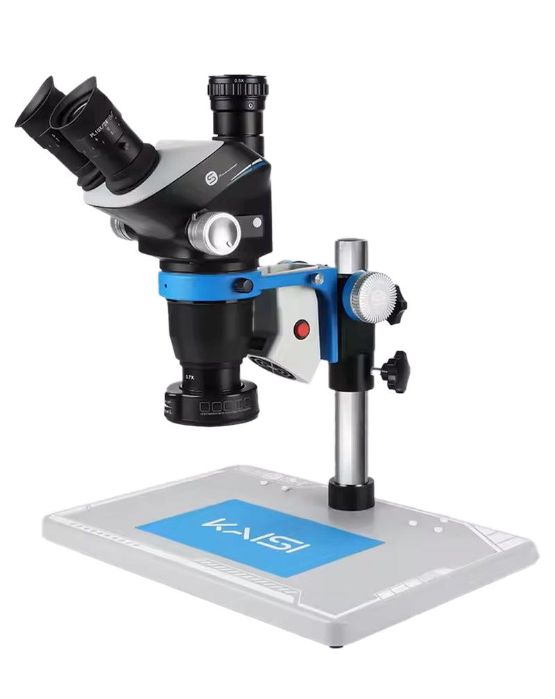 Encuentra el microscopio estéreo trinocular Kaisi S8 6.5x-52x con placa base en Guatemala, ideal para amplificaciones detalladas y trabajo en laboratorios.