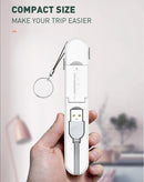 Puerto de carga de viaje LDNIO LC130 3 en 1, blanco, con cables USB-C, Lightning y Micro-USB.
