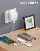 Puerto de carga de viaje LDNIO LC130 3 en 1, blanco, con cables USB-C, Lightning y Micro-USB.