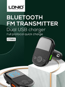 Encuentra el cargador de auto LDNIO C706Q Bluetooth 5.0 con 2 puertos USB A+C en Guatemala para carga eficiente y rápida.