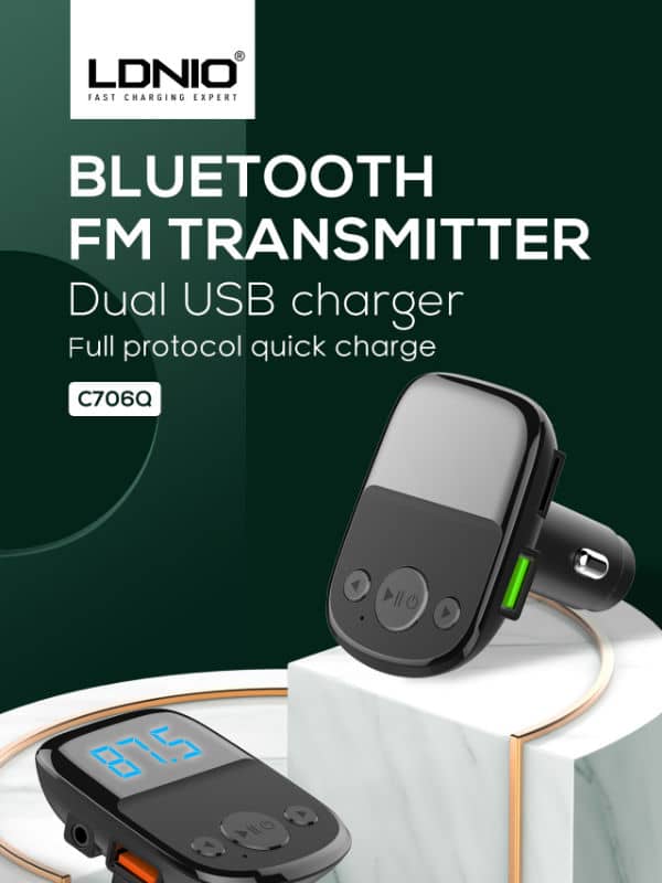 Encuentra el cargador de auto LDNIO C706Q Bluetooth 5.0 con 2 puertos USB A+C en Guatemala para carga eficiente y rápida.