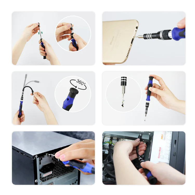 Kit completo de herramientas y desarmadores para celulares y computadoras.