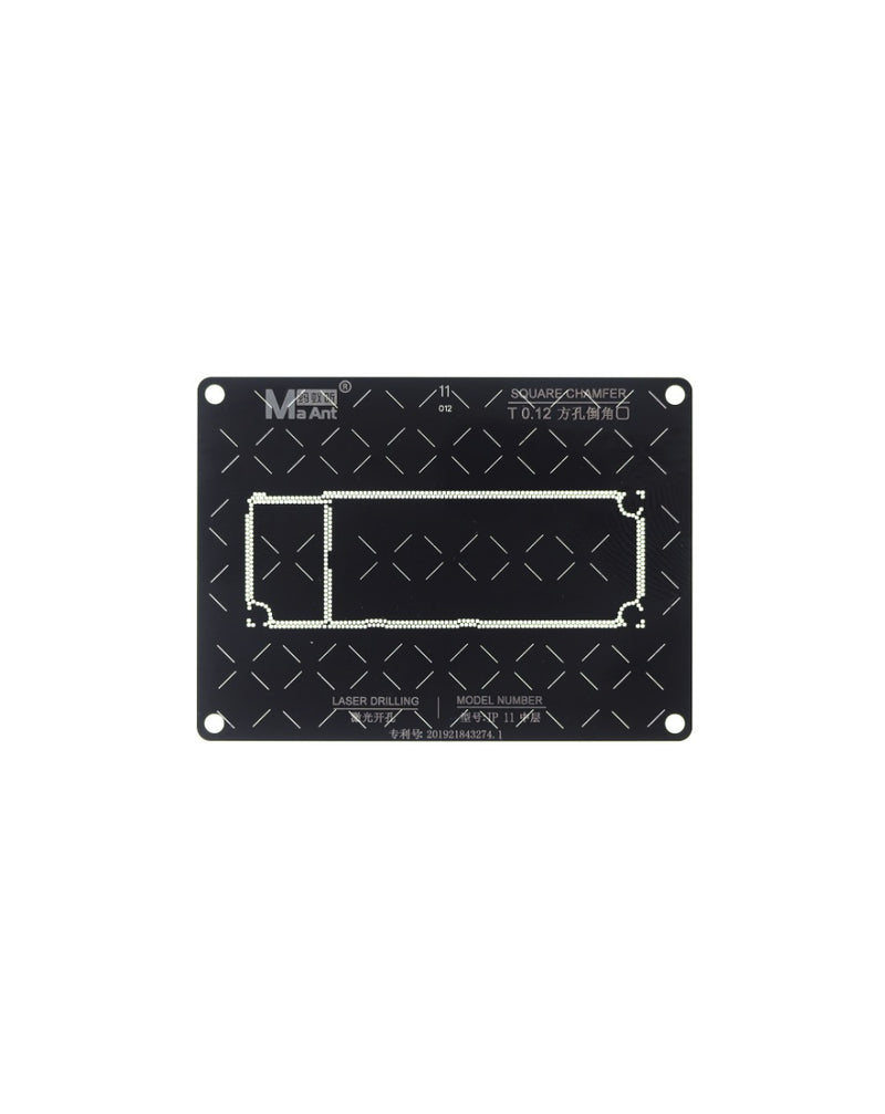 Stencil para reballing BGA de placa base de iPhone 11 en Guatemala, ideal para reparaciones en talleres y mayoristas electrónicos.