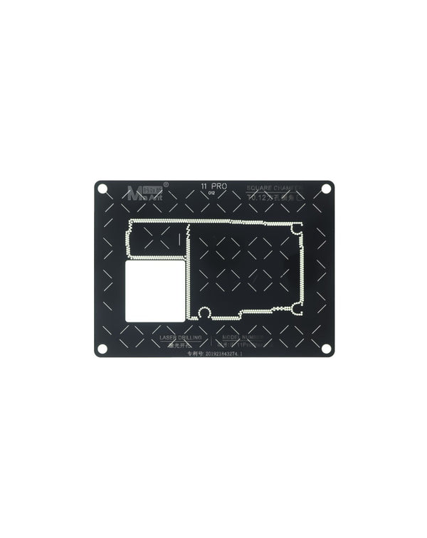 Stencil de reballing para placa madre de iPhone 11 Pro en Guatemala, ideal para reparaciones en talleres mayoristas.