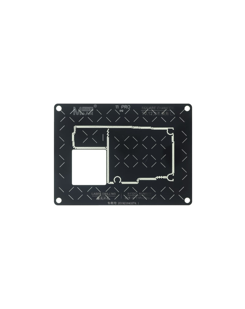 Stencil de reballing para placa madre de iPhone 11 Pro en Guatemala, ideal para reparaciones en talleres mayoristas.