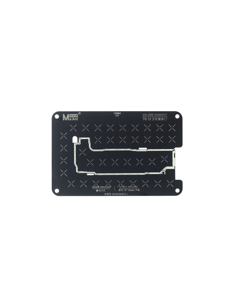 Stencil de reballing para capa intermedia de placa madre 0.12mm para iPhone 13 / 13 Mini disponible en Guatemala para reparaciones de placas madre de celulares.