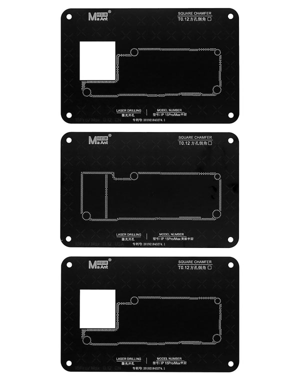 Stencil BGA de 0.12mm para iPhone 15 en Guatemala, ideal para reparaciones de placa base en talleres especializados.