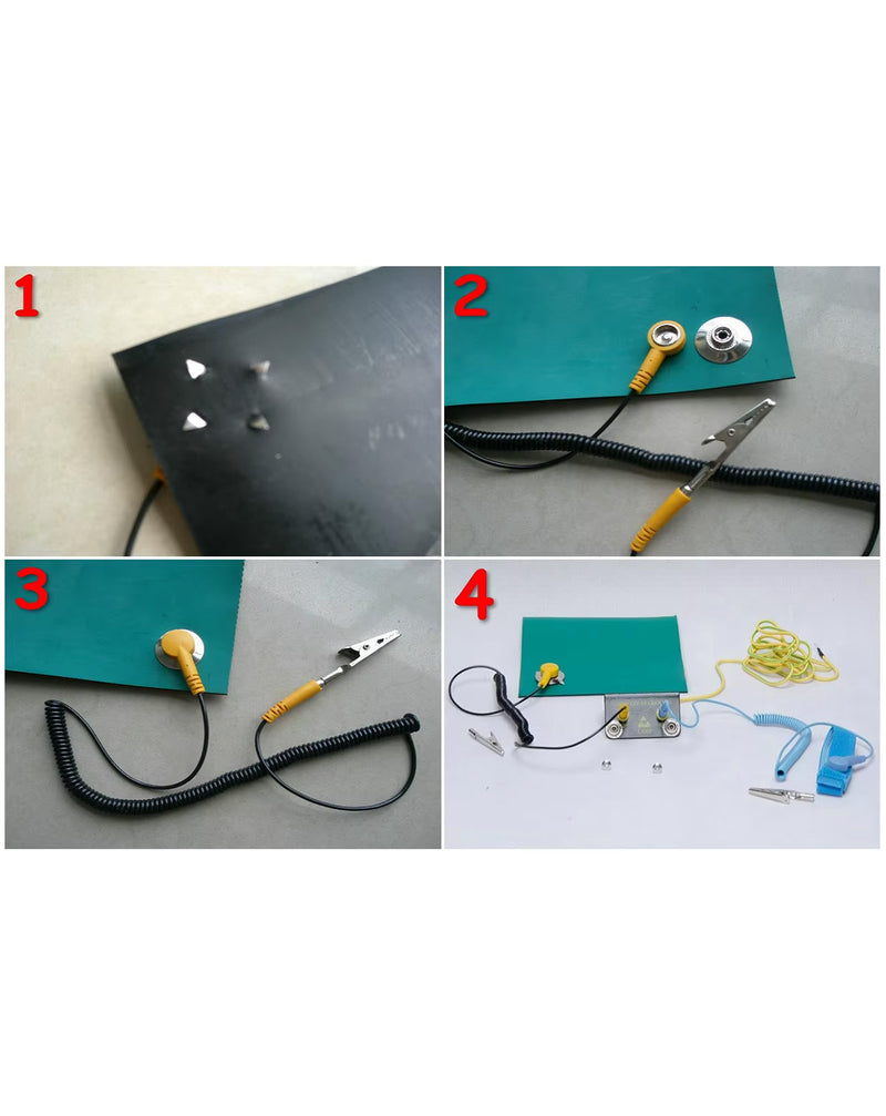 Tapete antiestático de escritorio 30x40cm verde con cable y conexión a tierra en Guatemala para proteger tus equipos electrónicos.
