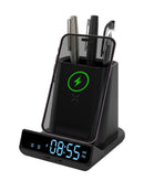 Base de carga inalámbrica 4 en 1 negra con soporte para reloj, 2 puertos USB-C y espacio para lápiz, 15W.