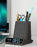 Base de carga inalámbrica 4 en 1 negra con soporte para reloj, 2 puertos USB-C y espacio para lápiz, 15W.