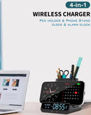 Base de carga inalámbrica 4 en 1 negra con soporte para reloj, 2 puertos USB-C y espacio para lápiz, 15W.