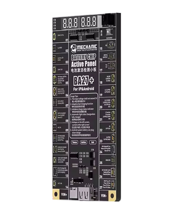 Panel de activación de chip de batería MECHANIC BA27+ ideal para reparaciones de baterías en Guatemala.