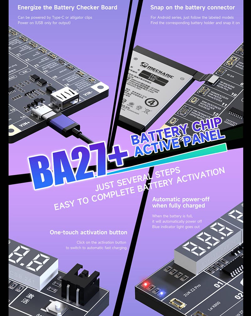 Panel de activación de chip de batería MECHANIC BA27+ ideal para reparaciones de baterías en Guatemala.