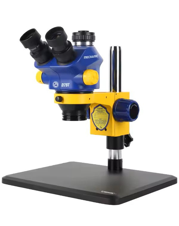Encuentra el microscopio estéreo trinocular industrial Mechanic D75T-B11 7-50X en Guatemala para tus necesidades de inspección y trabajo detallado.