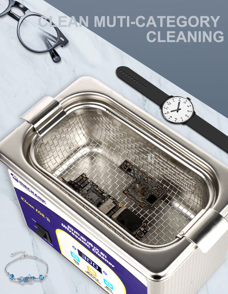 Mayorista de Pantallas Mechanic Digital Ultrasonic Cleaner iClean E08B en Guatemala para reparadores y talleres de electrónica.