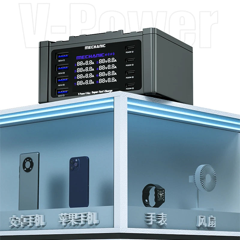 Encuentra el cargador rapido MECHANIC V-Power 8 Max 8 puertos con pantalla digital en Guatemala para tus necesidades de recarga de dispositivos.