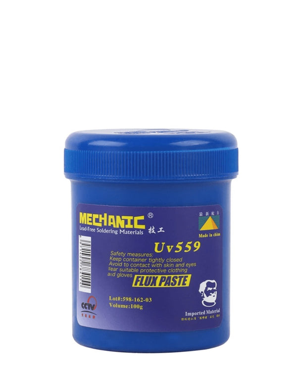 Compra la pasta de soldadura Mechanic UV559 Blue Bottle (100g) en Guatemala para tus reparaciones en talleres de electrónica.
