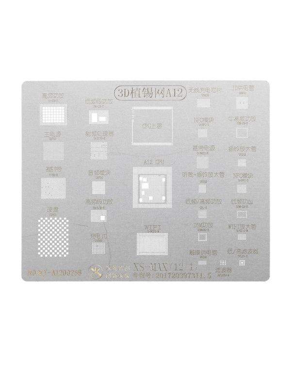 Reparación de BGA iPhone XS Max en Guatemala: stencil MiJing 3D para reball con etiquetas BajoPPLCD disponibles en mayoristas de reparaciones.