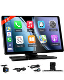 Interface USB-C de 9'' con CarPlay y Android Auto, pantalla táctil, cámara frontal y trasera, grabación de video.
