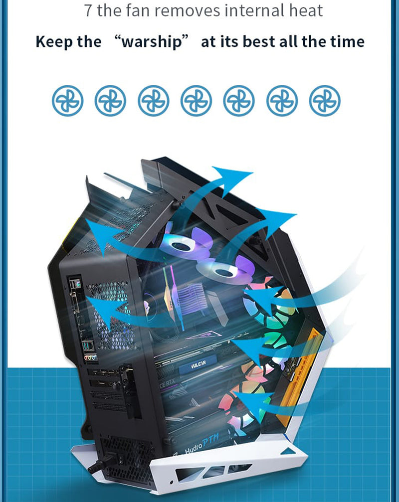 Encuentra la mejor torre personalizada para PC estilo Warship en Guatemala con ventiladores RGB en negro.