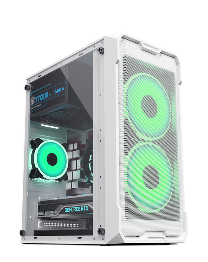 Encuentra en Guatemala la mejor carcaza - torre de PC personalizada con 2 ventiladores de enfriamiento en color blanco.