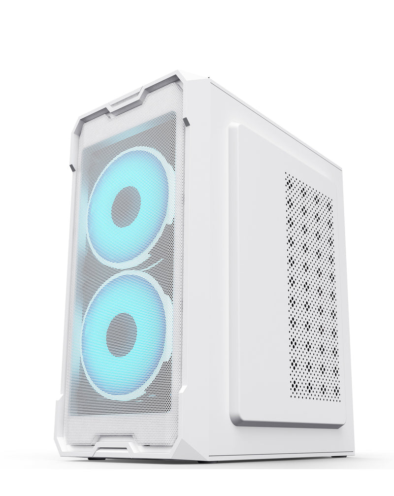 Encuentra en Guatemala la mejor carcaza - torre de PC personalizada con 2 ventiladores de enfriamiento en color blanco.