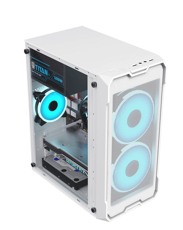 Encuentra en Guatemala la mejor carcaza - torre de PC personalizada con 2 ventiladores de enfriamiento en color blanco.