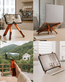 Soporte multifuncional SlowBack naranja para laptop y teléfono, portátil y plegable, ideal para escritorio.