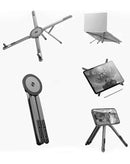 Soporte de aluminio plateado multiuso para laptop y celular, diseño ergonómico y plegable de SlowBack. Ideal para escritorio.