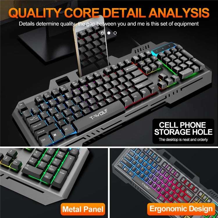 Encuentra el teclado gaming Iron-Plate Lightning RGB (T16) de tamaño completo en Guatemala con efectos de iluminación LED RGB.
