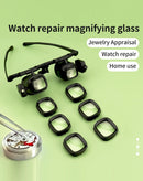 Lupa de montura para reparación con lentes intercambiables 2X-24X y 2 luces LED, ideal para trabajos de precisión.