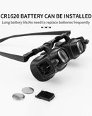 Lupa de montura para reparación con lentes intercambiables 2X-24X y 2 luces LED, ideal para trabajos de precisión.