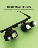 Lupa de montura para reparación con lentes intercambiables 2X-24X y 2 luces LED, ideal para trabajos de precisión.