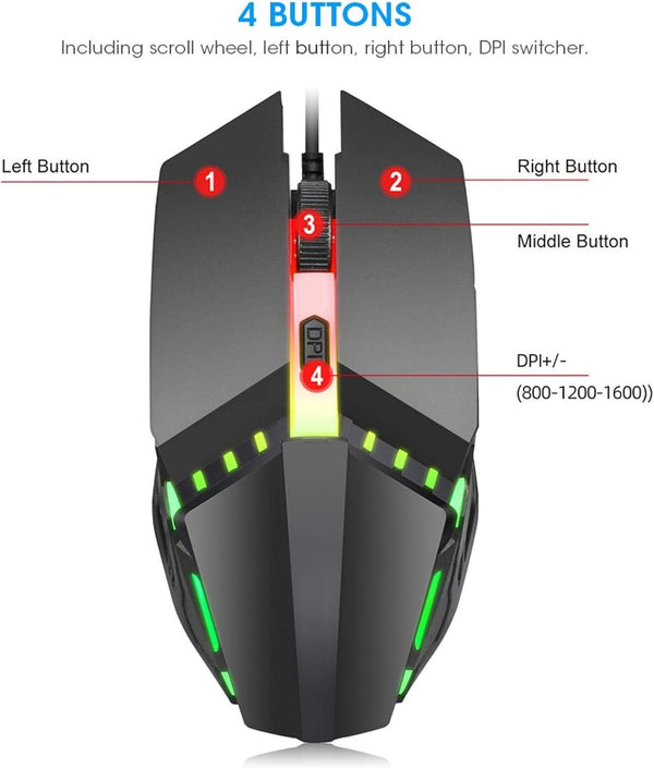 Mouse gaming cableado 6 botones 7 colores RGB
