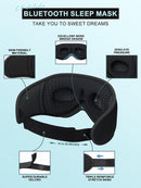 Mascarilla de dormir SlowBack negra con altavoz inalámbrico recargable, ideal para relajación y viajes.