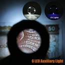 Lupa recargable 30X negra con luz LED brillante, ideal para lectura y trabajos de precisión.
