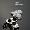 Set de 4 protectores Diamond Cover para cámara trasera de iPhone X a 17, brillantes y elegantes.