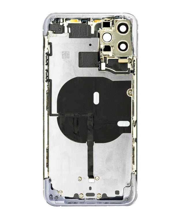 Encuentra la tapa trasera plateada para iPhone 11 Pro Max con componentes pequeños preinstalados en Guatemala.