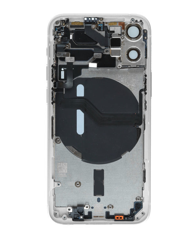 Tapa trasera original en color blanco con componentes preinstalados para iPhone 12 Mini en Guatemala, ideal para reparaciones y cambios de piezas.