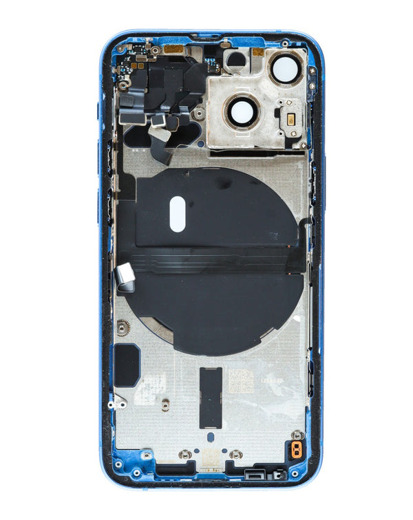 Reparación de iPhone 13 Mini en Guatemala con marco trasero azul y componentes preinstalados de calidad OEM.