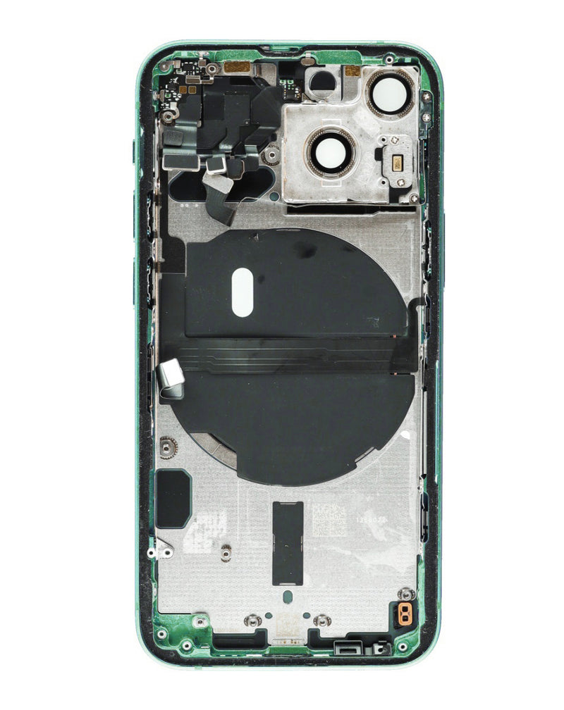 Marco trasero con componentes pequeños preinstalados para iPhone 13 Mini en Guatemala.