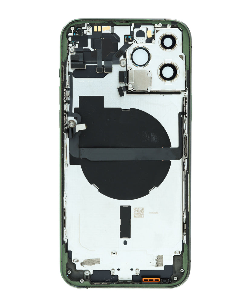 Marco iPhone 13 Pro Max con partes preinstaladas en color verde, ideal para reparaciones y talleres de equipo electrónico en Guatemala.