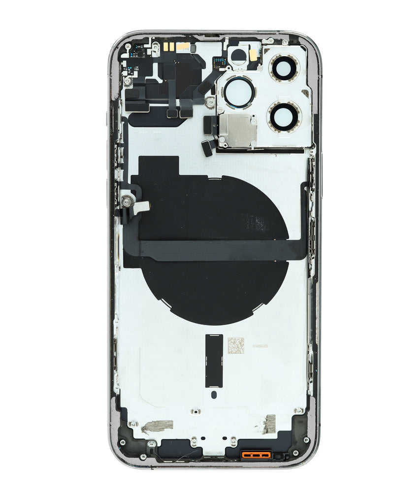 Marco de carcasa blanco preinstalado para iPhone 13 Pro Max en Guatemala, ideal para reparaciones en talleres y mayoristas de componentes Apple.