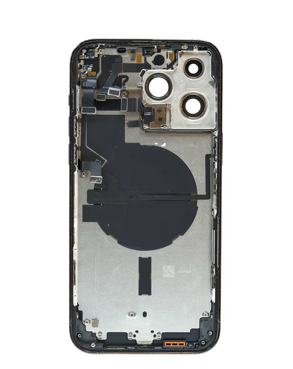 Tapa trasera OEM para iPhone 14 Pro Max en Guatemala, con componentes preinstalados y etiquetas para reparaciones.